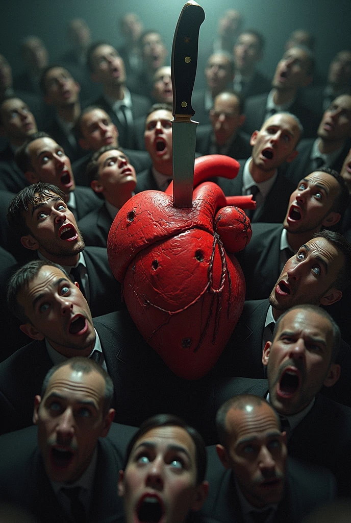 create a bloody heart in the middle and people pointing at it with a black background