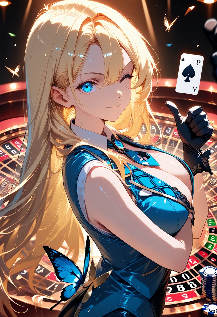 1girl,blonde, poker chip, flying card, thumbs up, from side,roulette wheel, breast, one eye closed, long hair, blue eyes, black gloves, spade card, vest, looking at viewer, minimalist, soft light, bar lighting, butterfly tie