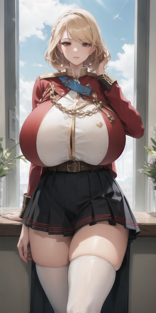 High resolution, Sharp focus, masterpiece, ((Intricate details)), Very detailed, One girl, (tall),  (stocky build:1.25), (gigantic huge breasts), (gigantic thick thigh), (gigantic huge hip), narrow waist, (cowboy shot:1.2), princeofwalesazl, blonde hair, short hair, red eyes, red jacket, red and white uniform, military uniform, black skirt, pleated skirt, belt, thigh high socks, white scoks, (naval port:1.1), (resting:1.2)