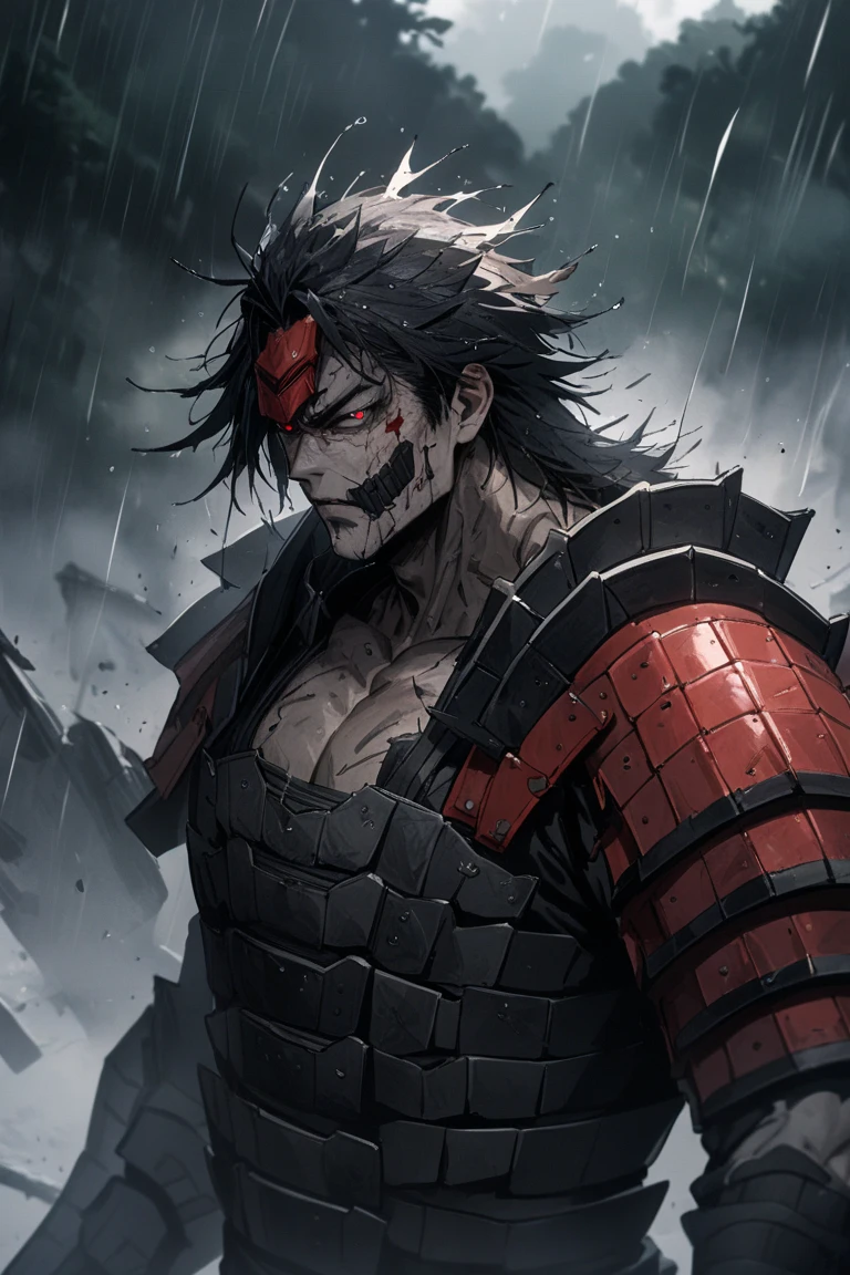 1man, male focus, samurai, damage samurai armour, outdoors, rain, pectorals, (masterpiece), (best quality), (ultra-detailed), very aesthetic, illustration, disheveled hair, perfect composition, moist skin, intricate details, samurai (detailed), half broken face armour, one glowing red eye