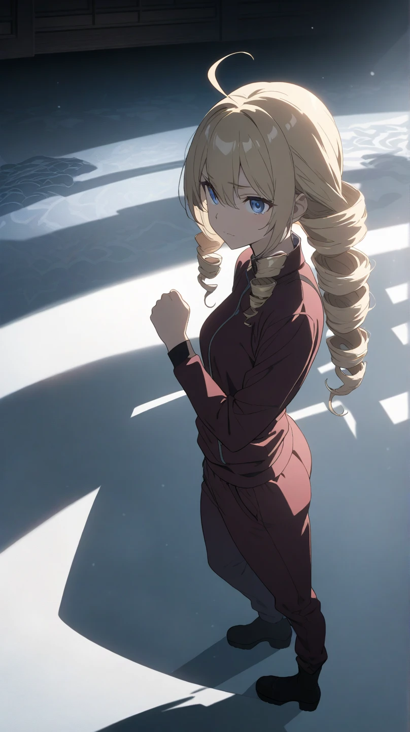 ultra-detailed, detailed face, Solo, a girl, blonde, long hair, drill hair, ahoge, blue eyes, slant eyes, narrow eyes, maroon sportswear long pants, maroon sportswear, Black platform boots, grinning, neutral, expressionless, Mouth grinning, raised fist, (a white oriental dragon glares behind the girl), white snow background with east asian architecture, anime, illustration, masterpiece, best quality, detailed, mystical atmosphere, Dark atmosphere, soft-edged, soft surface, simple line drawing, from side, aerial view, spot lighting, backlighting, moody lighting, underlighting, sharp shadows, fast shutter speed, 2D Anime, Best Hands, Best Hand, 135mm, F4.0, SONY FE GM,  クローズアップ, 