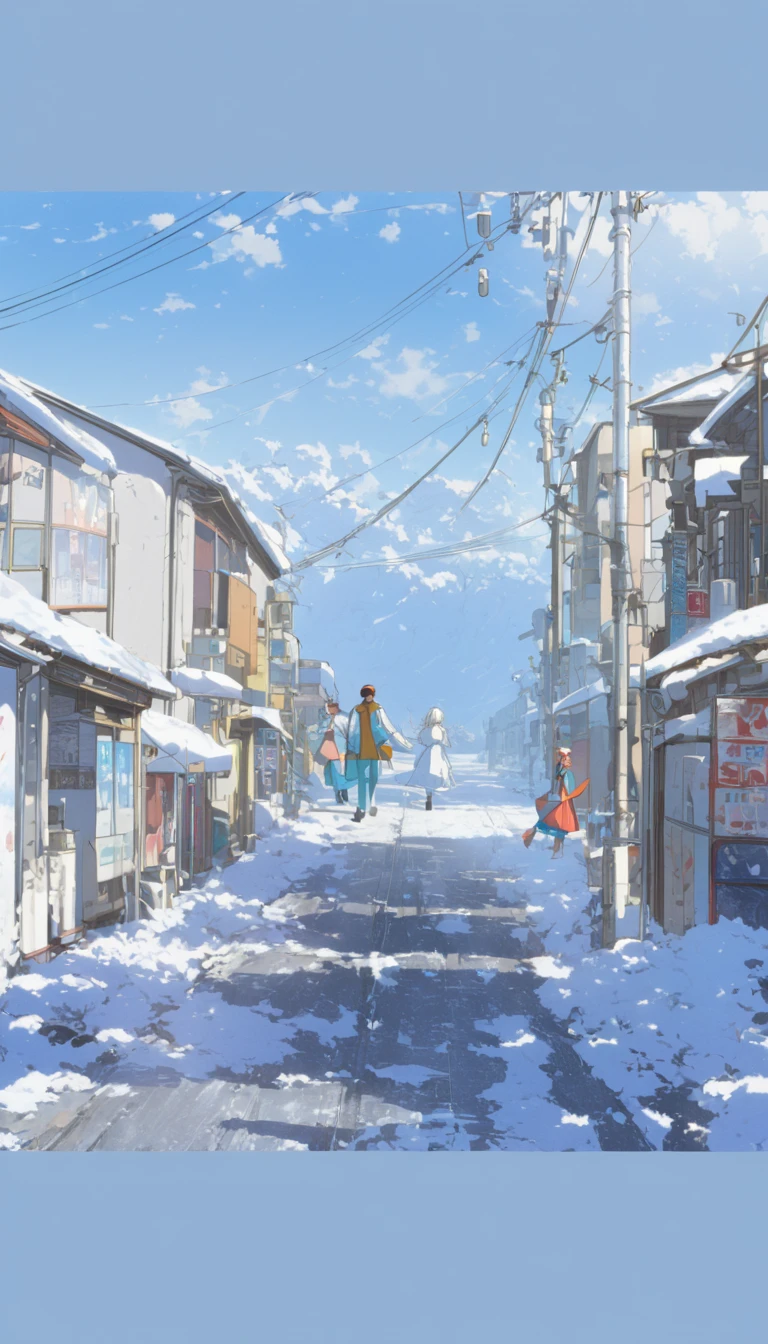 A girl walking with her boyfriend on this road (wearing winter white,red and sky blue clothes both, girl age s and boy age 18 years), wallpaper (high details, HD images, anime style, 4k image quality, master peace wallpaper, beautiful scene), 