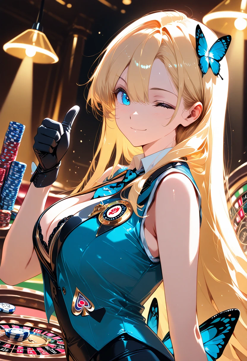 1girl,blonde, poker chip, flying card, thumbs up, from side,roulette wheel, breast, one eye closed, long hair, blue eyes, black gloves, spade card, vest, looking at viewer, minimalist, soft light, bar lighting, butterfly tie