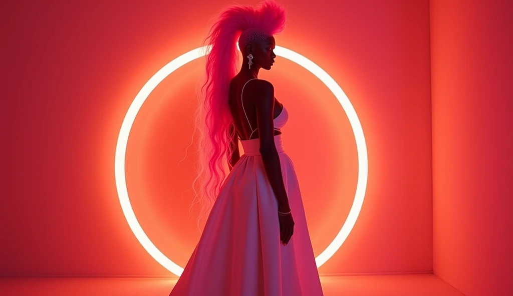objective, a dark skin Dravidian Moor beauty with insane buttocks (worlds 🌎 largest buttocks), UHD, extremely long (floor-length) mohawk, focus, neon wavy hair mohawk, tiny waist:2, ultra high resolution skin, Womancore, dimly lit orange room with neon ppink ring, DSLR, Vaporwave, wearing long white gown billowing, thick legs, size zero waist chest  with huge ass, by DynastySeries, tiniest waist, no nudity #HUGEASS Huge Ass   