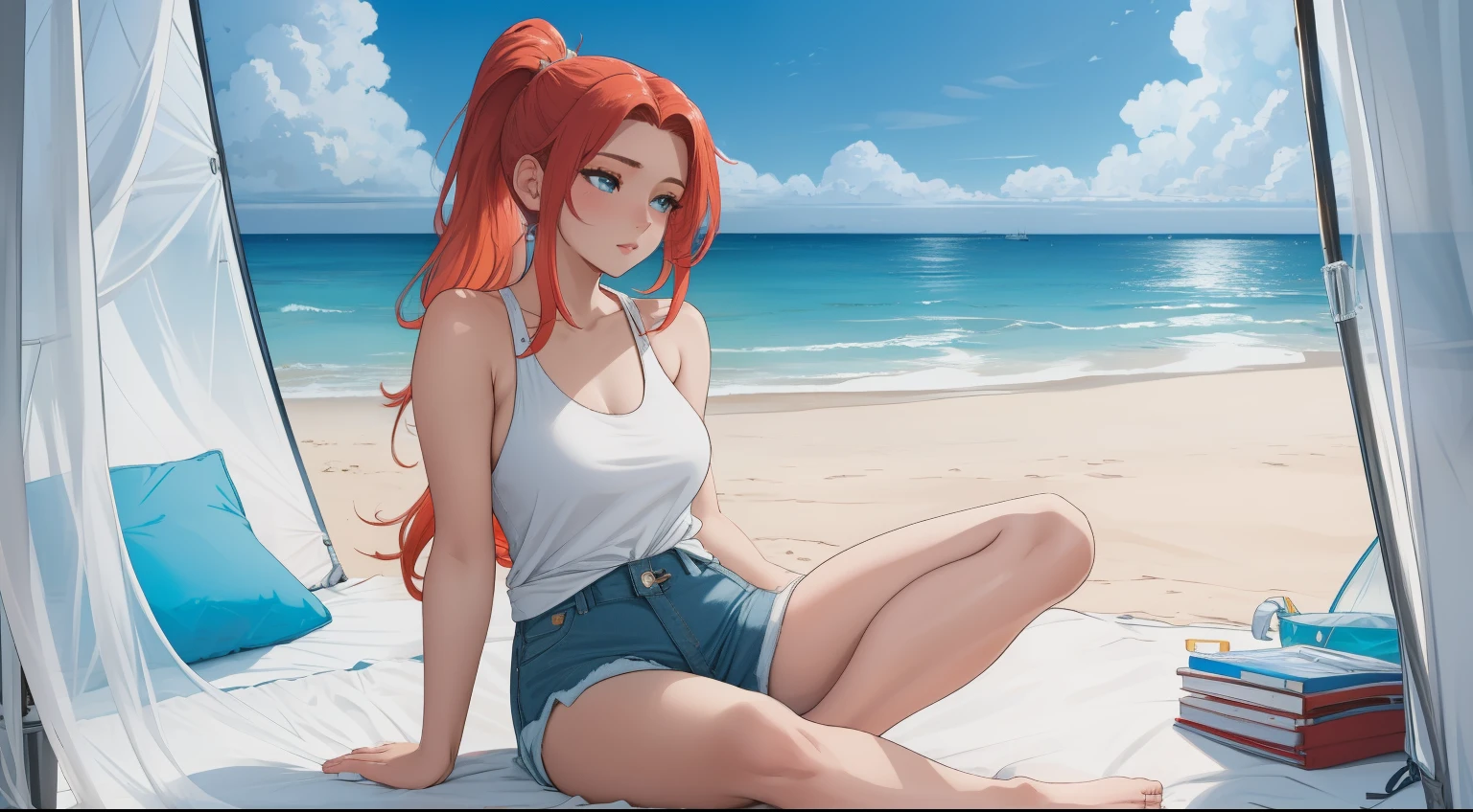 "Inside a cozy open tent on a pristine beach, a young woman sits cross-legged, gazing out at the vivid blue ocean stretching into the horizon. Her blonde-red hair is tied back in a sleek ponytail, and she’s dressed in a simple white tank top and denim shorts, embodying a relaxed and carefree beachside vibe. The soft white sand extends beyond the tent, meeting gentle waves that lap at the shore in a soothing rhythm. Around her, minimalist camping gear is neatly arranged, while the warm sunlight streams through the open tent flap, illuminating the tranquil scene. The atmosphere is serene and refreshing, with the calming sounds of the ocean and the salty breeze creating a perfect moment of solitude and connection with nature."







