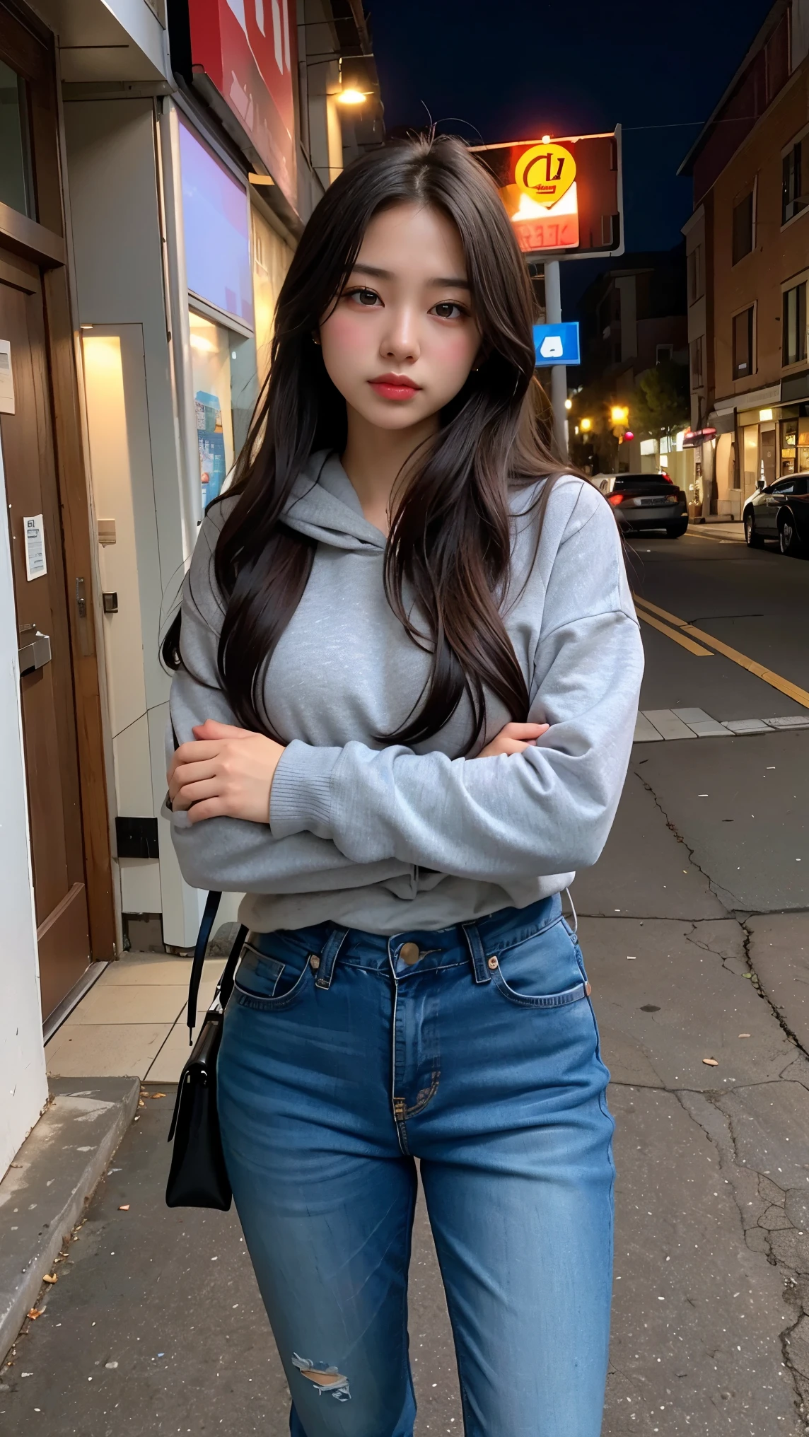(realistic, photo-realistic:1.37),1girl, photon mapping, radiosity, Korean, cute casual outfit, selfie, night