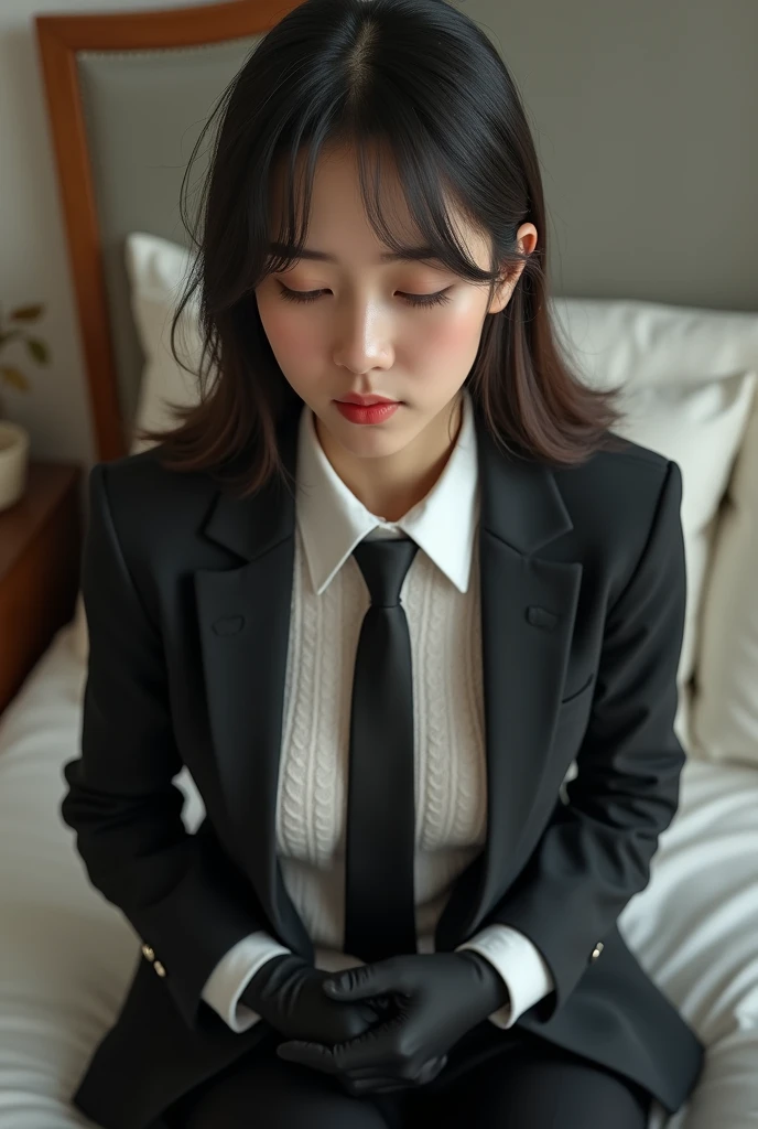 ((masterpiece:1.4))、((The pieces fly:1.4))、((Woman with long black hair:1.4))、((Wearing a light brown checkered short pleated skirt::1.4))、((Stand in the hotel bedroom:1.4))、 ((Cowboy Shot:1.4))、((16-year-old high school girl:1.4))、Innocent look、((Wear a white long-sleeved collared dress shirt:1.4))、((Woman in a black suit:1.4))、((Small breasts:1.4))、((A light brown checkered mini skirt that accentuates thighs:1.4))、((Wearing a black office blazer:1.4))、((Wearing a neat black office blazer:1.4)), ((Woman with sad expression:1.4))、