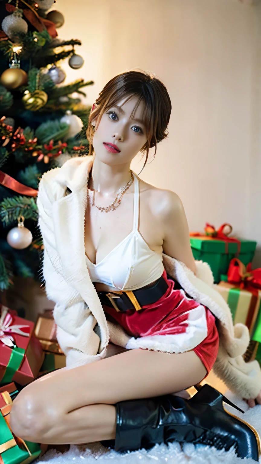 (hightquality、high-level image quality、hight resolution、8K、masterpiece)、Beautiful and mature woman、57 years old、a blond、Big、being thin、((All she wears is a micro mini bikini in red and white Christmas colors.:1.5))、((Legs spread wide:1.2))、Old house、Jumbled background、(Messy room:1.2)、Sprinkled with flashy anime posters and photos and colorful toys