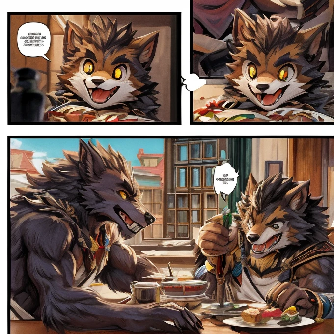 ((masterpiece)), (((high res,top quality)))、 (One々A comic where a cute werewolf makes you happy with 4 scenes)