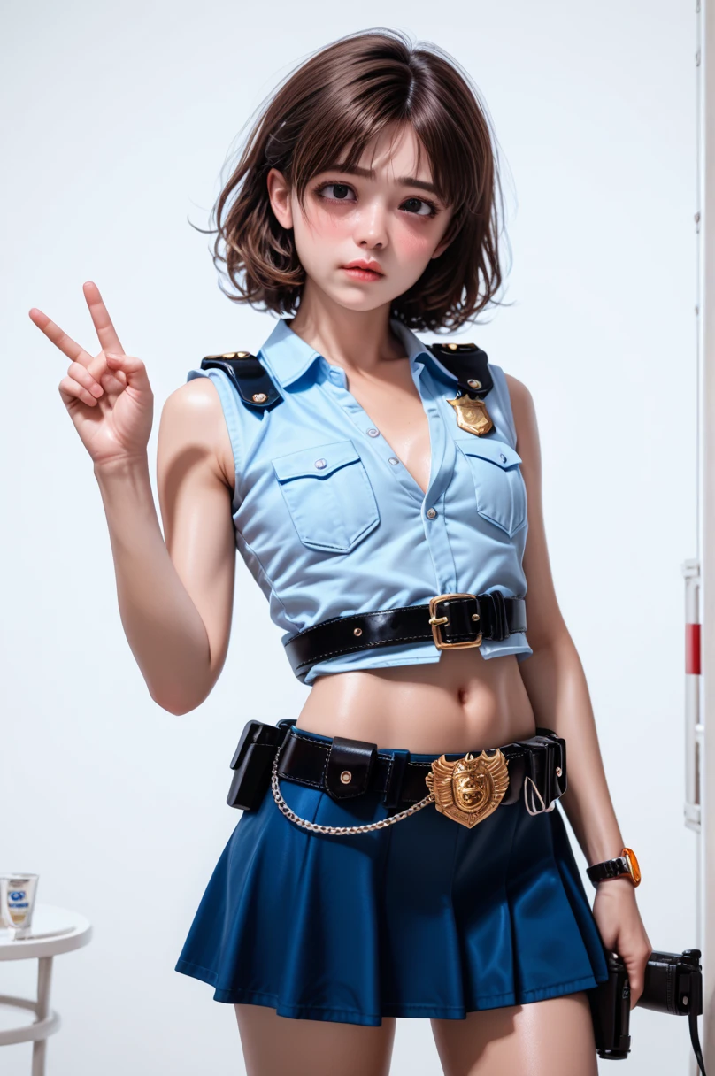  One girl ,Achika Lisa,( viewers:1.0),( slender body:1.2),(Blushed face:1.0),real skin ,small breasts,  shiny hair ,  Super Detailed Black Eyes,( Equipped Police Belt :1.5),( watch ),( frontal shot:1.2),24K,(Standing in a sexy pose:1.2),(Drunk:1.0),(Surprised:0.5),(mini length police skirt:1.2),(rolled up sleeveless police shirt ),Captivating thighs,( unmanned white background in the center of the screen:1.5),(Naturally :1.0),(( real:1.0)),(( realistic :1.0)),((Piece on chest :1.5)),(( cowboy shot:1.5))