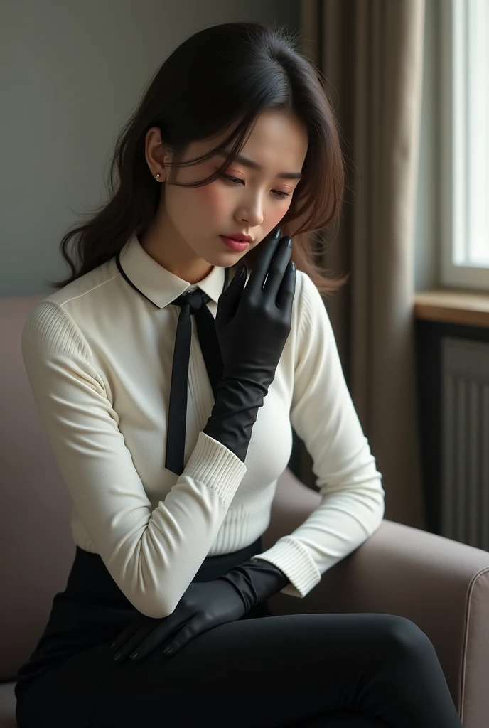 white girl wearing black gloves and a white shirt