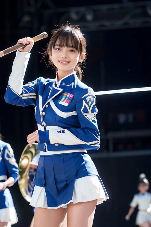 ＲＡＷ  color photo  ，８Ｋ，( Photorealistic ), (Ultra Realistic ), ( super high res), ( super high detail),  top quality 、4K Quality 1 Beautiful Girl 、((( Beautiful Girl Wearing Marching Band Uniform))),（(( Beautiful Girl Has an Idol Face 、Very small face、Beautiful figure、 slender、 very cute:1.5）,　(((Beautiful Girl Is Slim )))、 , bangs,  black hair,  brown eyes, Cute smile,　They are marching while spinning the baton on the stage、 full body shot 、 and the skirt flips up 、 punch、White panties are visible