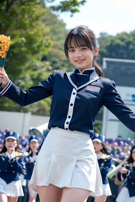 ＲＡＷ  color photo  ，８Ｋ，( Photorealistic ), (Ultra Realistic ), ( super high res), ( super high detail),  top quality 、4K Quality 1 Beautiful Girl 、((( Beautiful Girl Wearing Marching Band Uniform))),（(( Beautiful Girl Has an Idol Face 、Very small face、Beautiful figure、 slender、 very cute:1.5）,　(((Beautiful Girl Is Slim )))、 , bangs,  black hair,  brown eyes, Cute smile,　They are marching while spinning the baton on the stage、 full body shot 、 and the skirt flips up 、 punch、White panties are visible