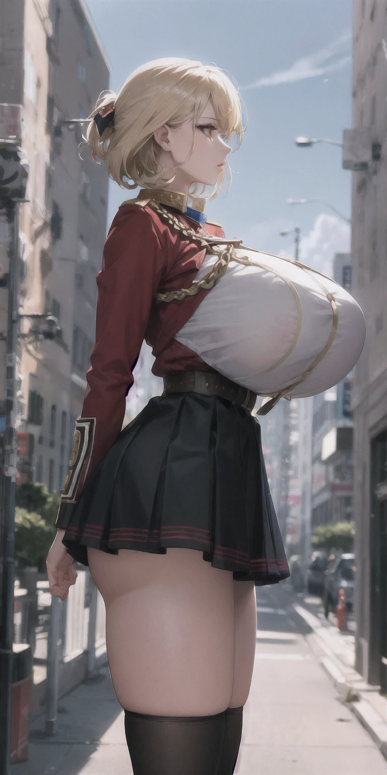 High resolution, Sharp focus, masterpiece, ((Intricate details)), Very detailed, One girl, (tall),  (stocky build:1.25), (gigantic huge breasts), (gigantic thick thigh), (gigantic huge hip), narrow waist, (cowboy shot:1.2), princeofwalesazl, blonde hair, short hair, red eyes, red jacket, red and white uniform, military uniform, black skirt, pleated skirt, belt, thigh high socks, white scoks, (naval port:1.1), (side view:1.2)