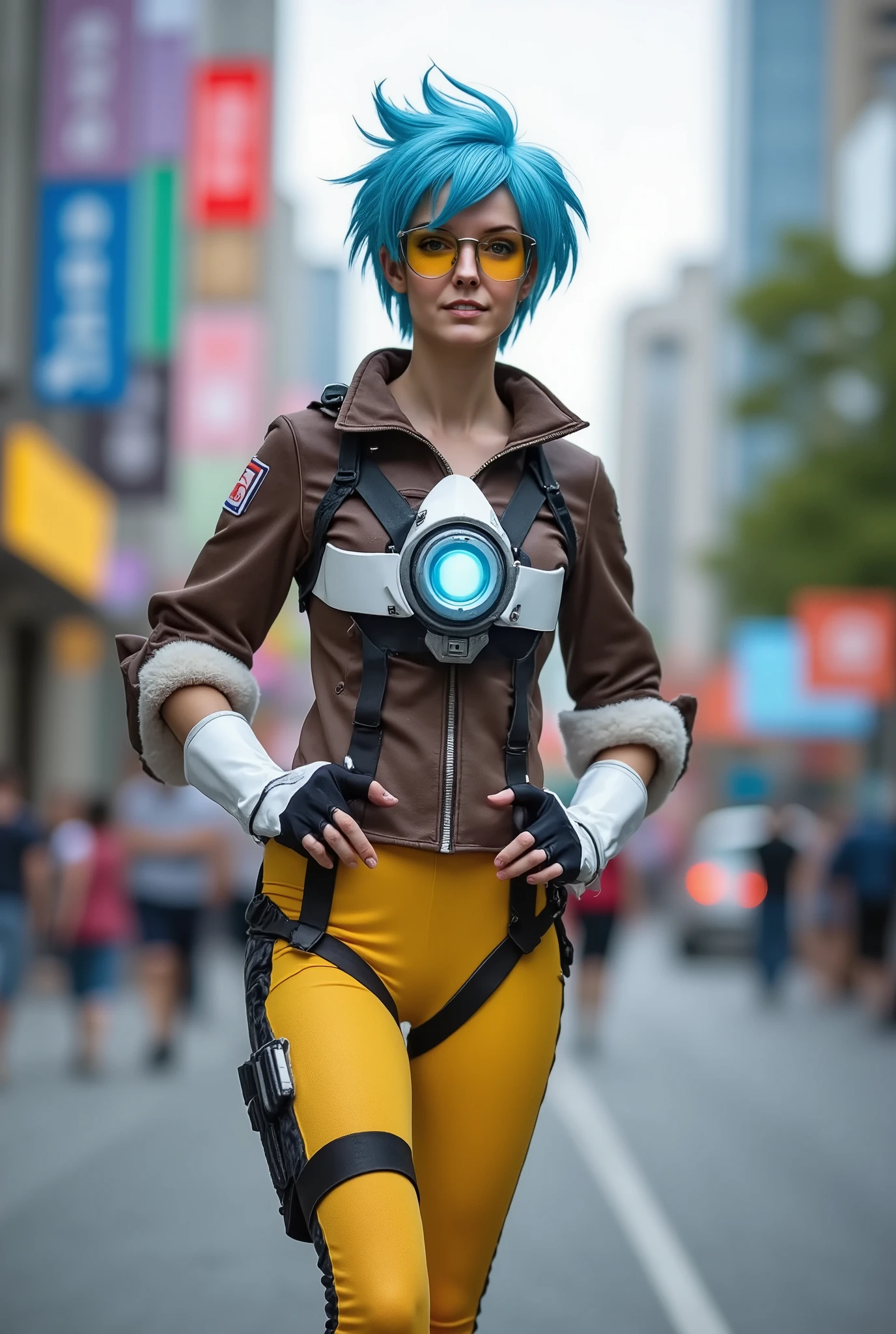 ((( full body photo ))), extremely hot woman with light blue hair , Do cosplay and dress up as Tracey, She is standing on a street in the middle of Seoul (holster) (Tracer) (jacket) (goggles) (chronal accelerator)