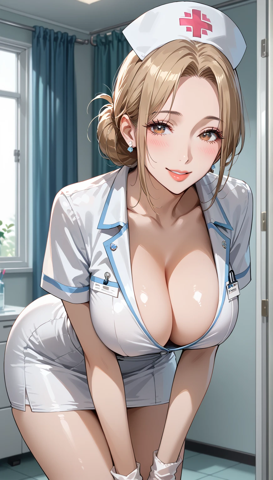 score_9, score_8_up, score_7_up, source_anime,masterpiece,best quality,beautiful detailed eyes, beautiful detailed lips, extremely detailed eyes and face, long breasts, 1 woman, japnese,45 years old ,mature woman, Smile,nurse,firm breasts, shockingly large breasts, large breasts, tight waist, stylish body, room,ecstatic expression, flushed face, leaning forward, Take a picture of the whole body,put your hands on your knees