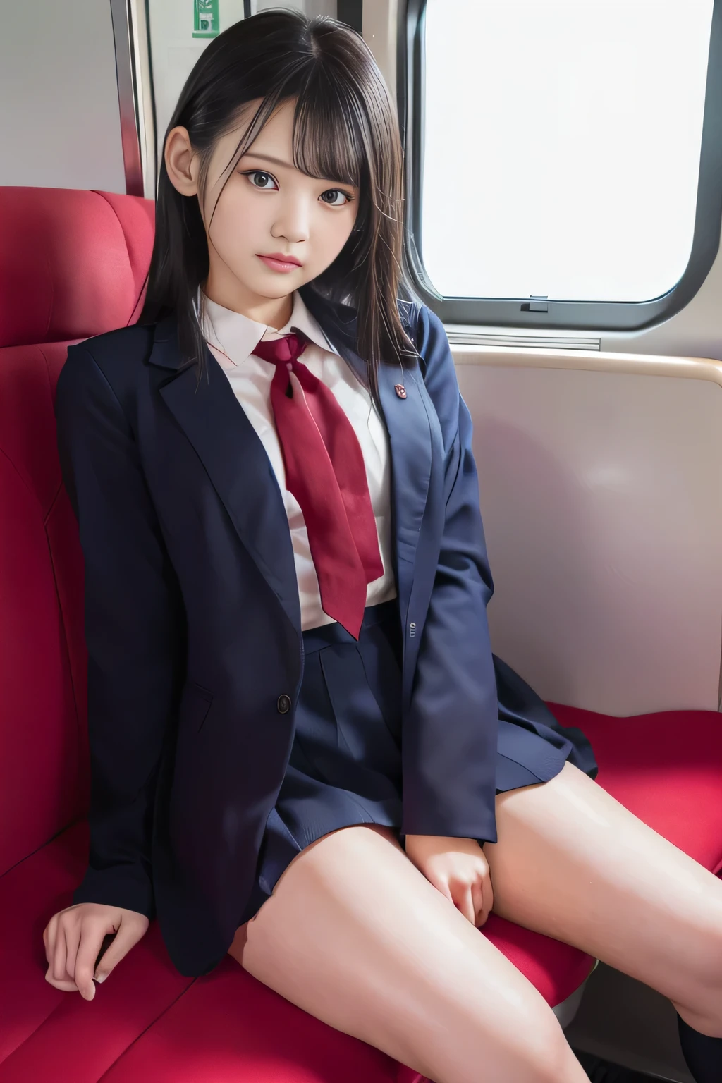 (Japanese beauty  ),(  beautiful faces 、１８age、 beautiful eyes),( slender 、Thin legs、 curvy bodies for multiple women),( high school uniform 、In uniform)  、 sitting in a seat on a train 、(((  erotic 、 sexy)))、((  Highlight Thighs))  、(((  Embarrassing )))、((8k,   top quality 、 Masterpiece、 high image quality))、