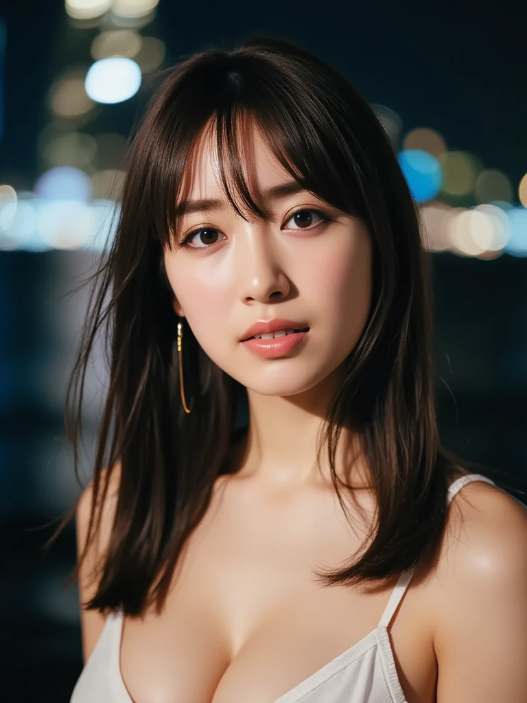 japanese girl, sexy pose, long eyelashes, small lips, huge breasts, belly button, soft and beautifully fine hair, The texture of her skin is incredibly detailed, showcasing natural pores and subtle imperfections that highlight her realism, Delicate skin tones, fine vellus hair, micro skin relief, macro skin detail, straight hair with bangs, white bikini, professional photography, RAW photo, Portraiture, instagram, masterpiece, reality, realistic, photo-realistic, 8k, Ultra-high resolution, picture-like depiction, volumetric lighting, city lights at night, professional lighting, playing with shadows and light,