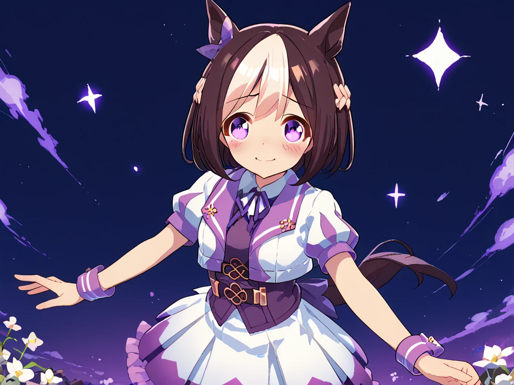 best quality, absurdres, masterpiece, 1人の女の子
special week \(Uma Musume\), 
ear bow, purple bow, puffy short sleeves, neck ribbon, blue ribbon, cropped jacket, white jacket, two-tone jacket, collared shirt, white shirt, purple vest, wristband, wrist cuffs, white skirt, pleated skirt, two-tone skirt, frilled skirt, frills,   zettai ryouiki, white thighhighs, white footwear, purple footwear, asymmetrical footwear, mismatched footwear, Durable sneakers, glad, smiling, embarrassed, standing, looking at viewer, in the field of flowers, surrounded by stars and stardust, at midnight, cute, beautiful, upper body, from front, moonlight, adult, 30-year-old, にっこり笑う, beautiful breasts