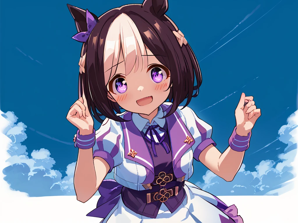 best quality, absurdres, masterpiece, 1人の女の子
special week \(Uma Musume\), 
ear bow, purple bow, puffy short sleeves, neck ribbon, blue ribbon, cropped jacket, white jacket, two-tone jacket, collared shirt, white shirt, purple vest, wristband, wrist cuffs, white skirt, pleated skirt, two-tone skirt, frilled skirt, frills,   zettai ryouiki, white thighhighs, white footwear, purple footwear, asymmetrical footwear, mismatched footwear, Durable sneakers, glad, smiling, embarrassed, standing, looking at viewer, in the field of flowers, surrounded by stars and stardust, at midnight, cute, beautiful, upper body, from front, moonlight, adult, 30-year-old, にっこり笑う, beautiful breasts