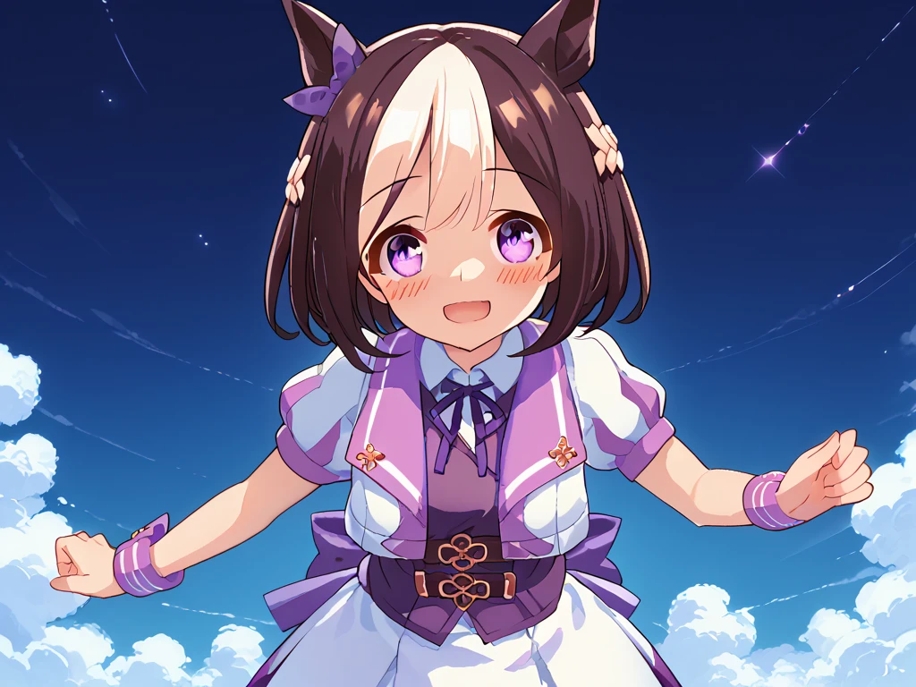 best quality, absurdres, masterpiece, 1人の女の子
special week \(Uma Musume\), 
ear bow, purple bow, puffy short sleeves, neck ribbon, blue ribbon, cropped jacket, white jacket, two-tone jacket, collared shirt, white shirt, purple vest, wristband, wrist cuffs, white skirt, pleated skirt, two-tone skirt, frilled skirt, frills,   zettai ryouiki, white thighhighs, white footwear, purple footwear, asymmetrical footwear, mismatched footwear, Durable sneakers, glad, smiling, embarrassed, standing, looking at viewer, in the field of flowers, surrounded by stars and stardust, at midnight, cute, beautiful, upper body, from front, moonlight, adult, 30-year-old, にっこり笑う, beautiful breasts