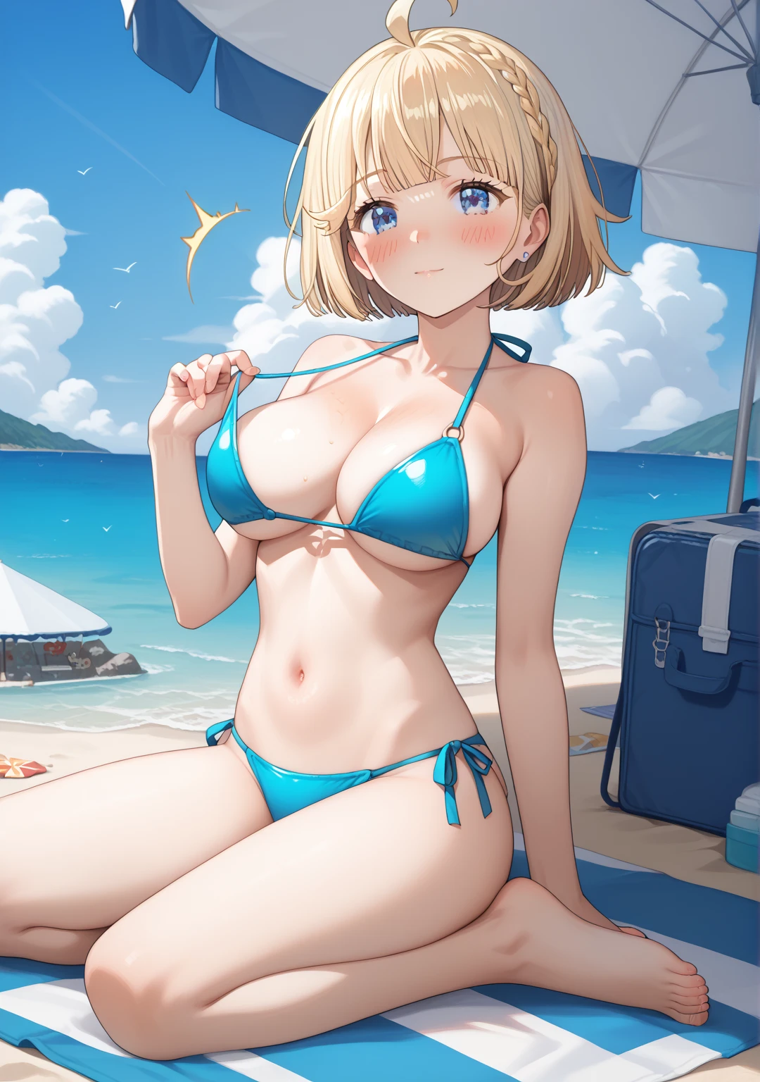 looking at the spectator , the better quality, masterpiece , NSFW,  Anatomically correct , source_anime, a sexy girl (sexy full body, Short Hair, fringe, blonde hair, blue eyes, Ahoge, blush, spark, eufórica,  big breasts ,  thin waist ,  Big butt ),  Dressed in a sexy blue and mature bikini  with great skin exposure, On the beach in an exclusive place enjoying the sun, De pie frente al espectador, modelando con sensualidad