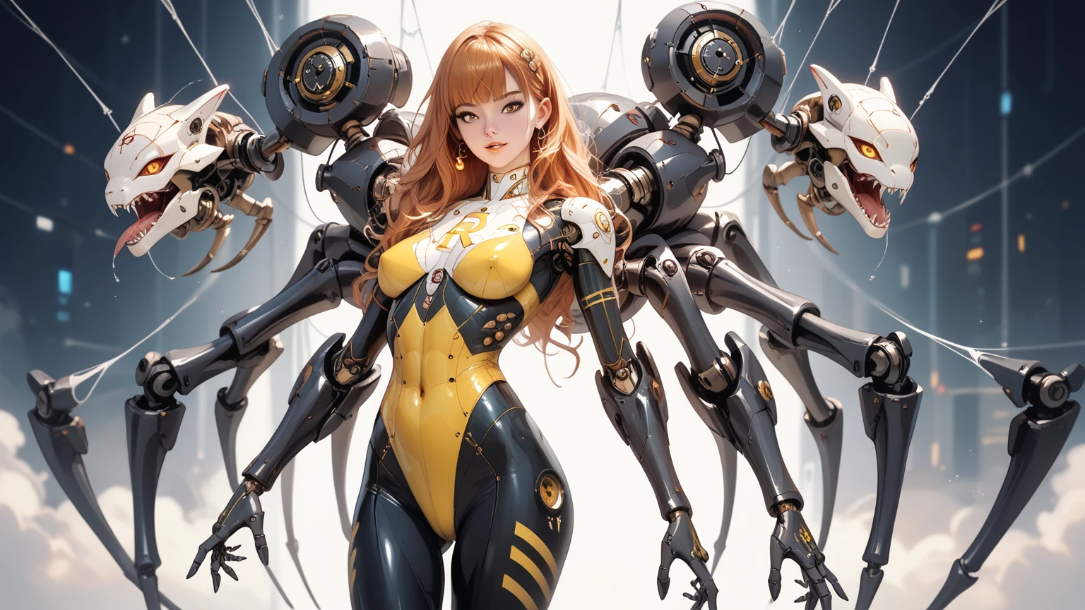 a sexy female cyborg, retro graphics, nsfw, magazine cover, poster art, Lovecraftian horror theme, bold huge text, matted design layout, intricate cyberpunk details, highly detailed face and eyes, flawless skin, metallic cyborg body parts, dark moody atmosphere, dramatic lighting, cinematic composition, vibrant neon colors, glowing technological elements