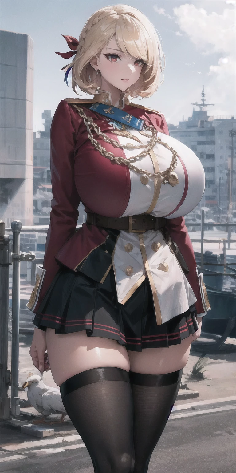 High resolution, Sharp focus, masterpiece, ((Intricate details)), Very detailed, One girl, (tall),  (stocky build:1.25), (gigantic huge breasts), (gigantic thick thigh), (gigantic huge hip), narrow waist, cowboy shot, princeofwalesazl, blonde hair, short hair, red eyes, red jacket, red and white uniform, military uniform, black skirt, pleated skirt, belt, thigh high socks, white scoks, (naval port:1.1), 