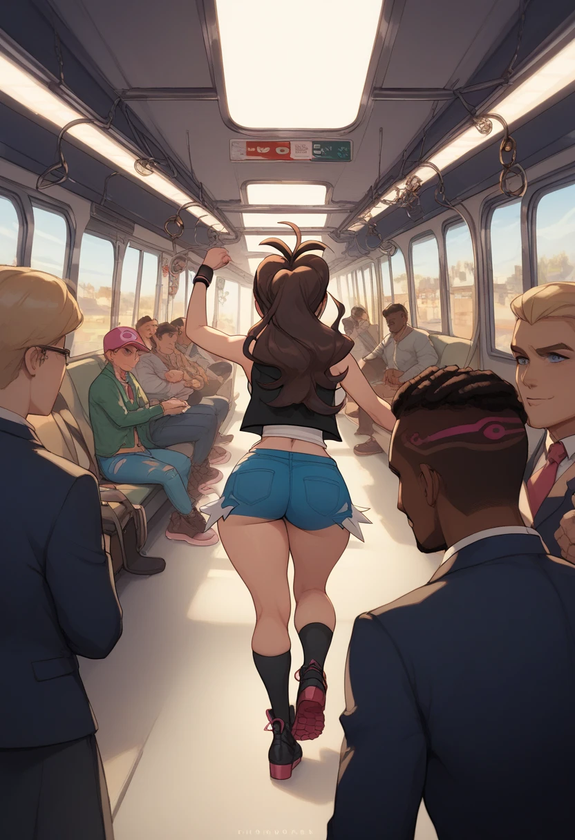 De alta calidad,  masterpiece,  better quality, hilda \(pokemon\), ,  Body,  thick thighs ,  wide hips ,  big ass, A girl is touched by several men without her consent inside a subway car, illustration,Harsh and disturbing atmosphere,[sombras oscuras,Dark and crowded subway car,panic,fight],( better quality,highres),  bright colors  ,warm tones,dimmed lighting,  Backshot , Desde atrás,