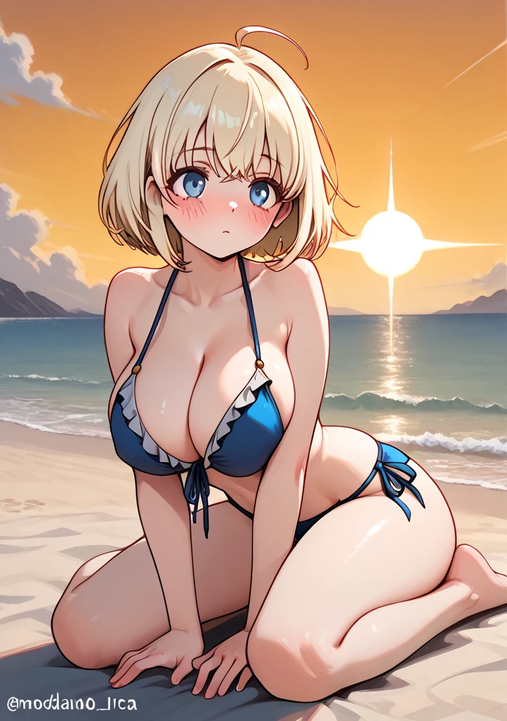 looking at the spectator , the better quality, masterpiece , NSFW,  Anatomically correct , source_anime, a sexy girl (sexy full body, Short Hair, fringe, blonde hair, blue eyes, Ahoge, blush, spark, eufórica,  big breasts ,  thin waist ,  Big butt ),  Dressed in a sexy blue and mature bikini  with great skin exposure, On the beach in an exclusive place enjoying the sun, De pie frente al espectador, modelando con sensualidad