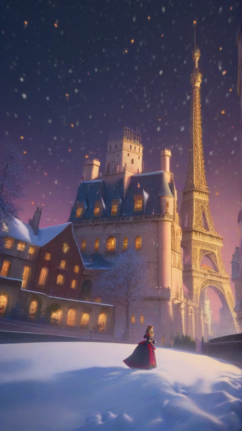 Ksenia (, blonde hair, green eyes, Lady Bug look) and Alice (, dark hair, Super Cat look) stand heroically against the background of winter Paris with the Eiffel Tower and the castle. Snowfall, holiday lights Warm tones, magical atmosphere
Focus on the characters; space for the title above