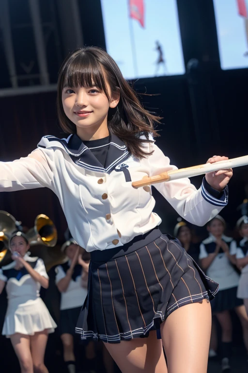 ＲＡＷ  color photo  ，８Ｋ，( Photorealistic ), (Ultra Realistic ), ( super high res), ( super high detail),  top quality 、4K Quality 1 Beautiful Girl 、((( Beautiful Girl Wearing Marching Band Uniform))),（(( Beautiful Girl Has an Idol Face 、Very small face、Beautiful figure、 slender、 very cute:1.5）,　(((Beautiful Girl Is Slim )))、 , bangs,  black hair,  brown eyes, Cute smile,　They are marching while spinning the baton on the stage、 full body shot 、 and the skirt flips up 、 punch、White panties are visible