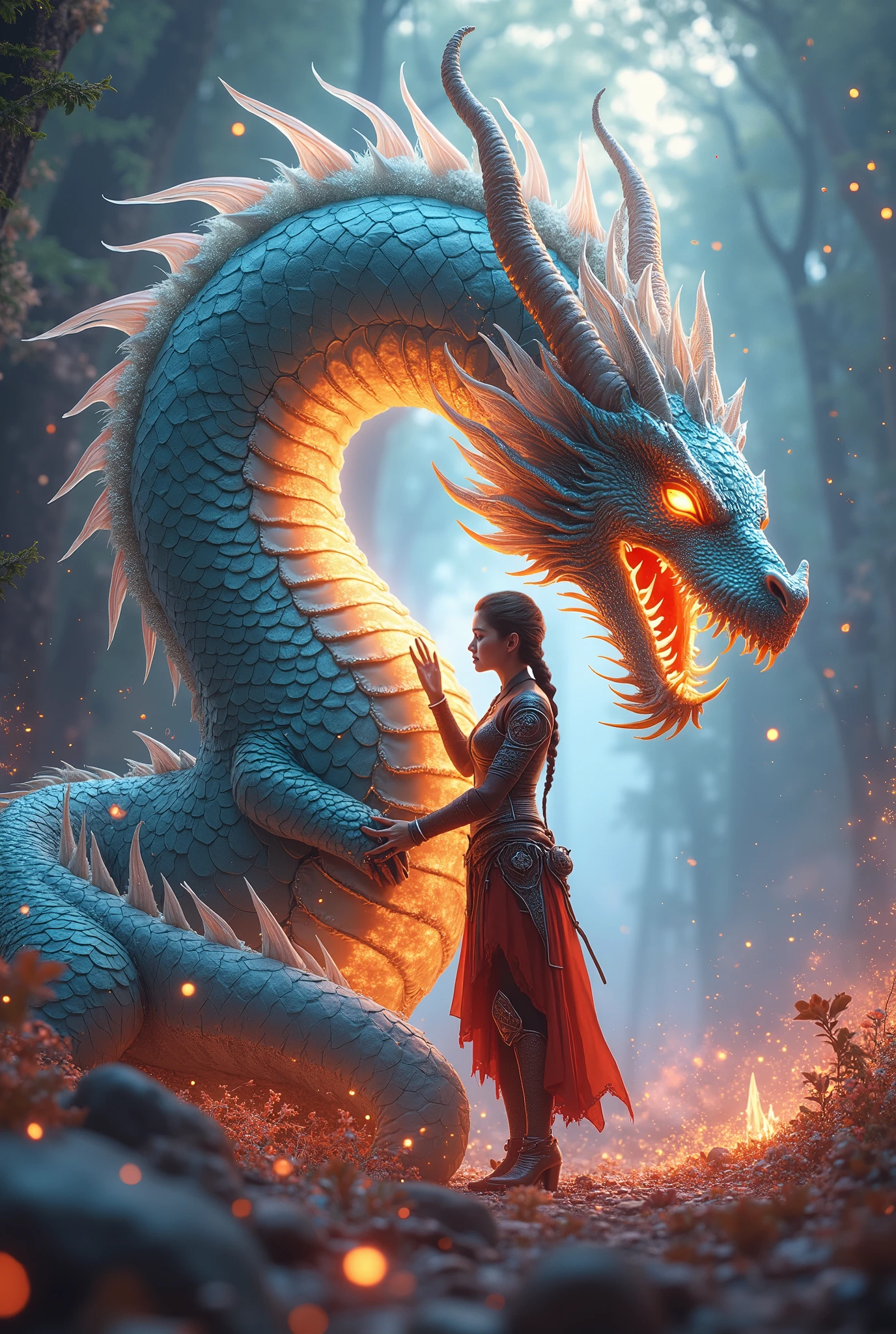 fantasy,  dragon beautiful ,  Bright scales Each scale radiates brilliance ,  Magic patterns flow through his body glowing twisted in a spiral ,  Glows at Night ,  A girl with short hair braided in a braid dressed in Leather Armor stands next to the dragon, Stroking the Dragon's Hand ,  very bright colors , juicy ,  Every element is visible ,  fantasy, Стиль  fantasy,  maximum details ,  masterpiece fails, 8 k,  intricate details,  better quality , CG обработка, 