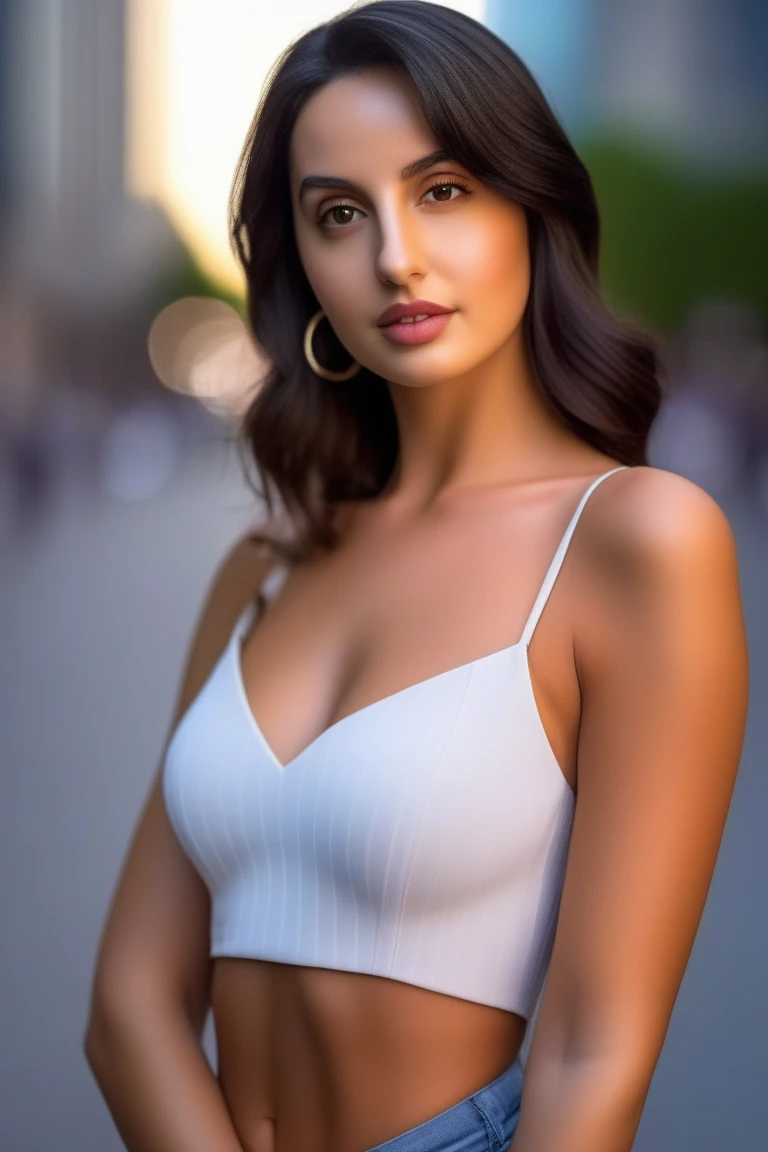 a professional portrait photo of a  27  year old  women,  with light brown eyes, black hair, highly detailed features, city bokeh background,  perfect eyes , nora fatehi  bikini 