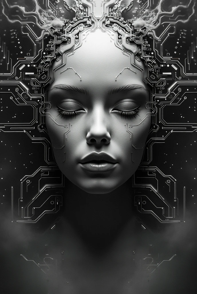 create image of woman by mixing cybernetics, computer chip, electrical circuit tracks, in black and white, black lines, white background, no colors, no shadows. ((Mosaic)), (futuristic) design that blends perfectly with the environment that the inter-stellar ship transits.