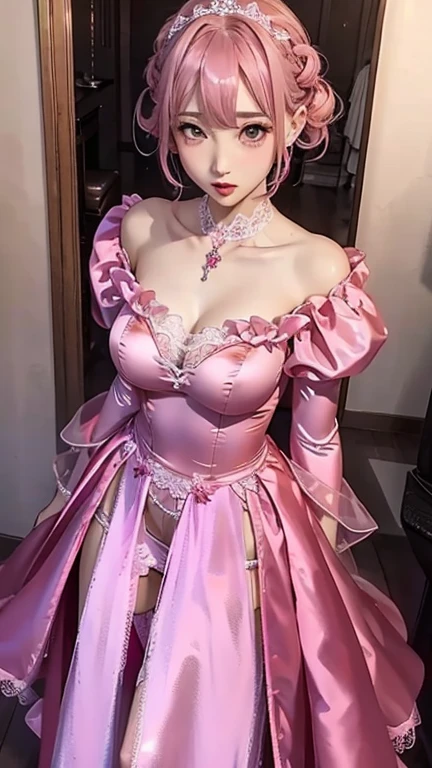 Beautiful woman in pink dress, pink background, feather style, futuristic victorian era, layered collage style, focus stacking, layered form, textured fabric, Oversized object, in the rose from the inside, Era Magazine Photography,