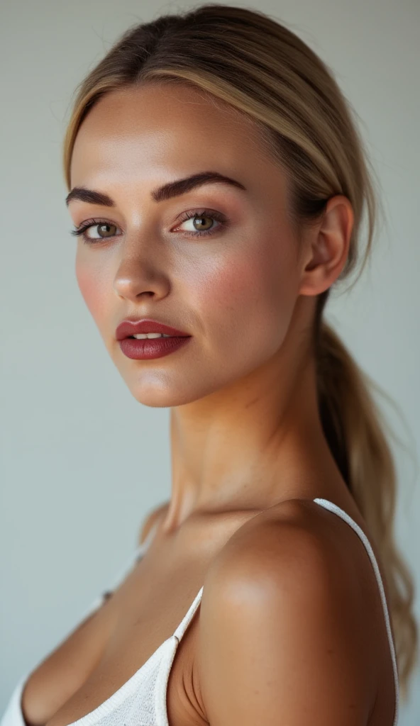 The image is a high-resolution photograph of a young woman with a striking, confident gaze. She has light, smooth skin with a scattering of freckles across her cheeks and nose, giving her a youthful, natural look. Her hair is blonde and styled in a sleek, pulled-back manner, suggesting a modern, polished appearance. She has well-groomed, thick, dark eyebrows and is wearing a bold, dark lipstick that adds to her strong, poised demeanor.  , aidmaRealisticPeoplePhotograph