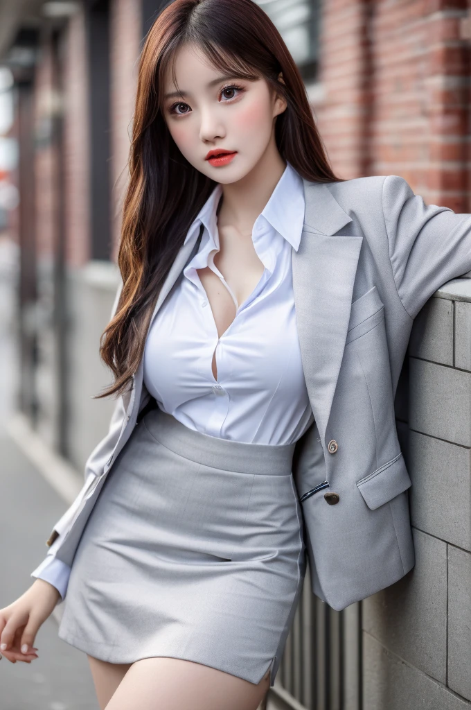 the most beautiful actress in the world, she is 18 years old, the perfect body proportions of this girl, blazer is firmly closed on formal shirt which is worn on her upper body, it's difficult for short skirt to cover her crotch in panties because it is too short, her bare thighs, her body is facing front, standing, clear sky, nsfw, best quality, highly detailed, masterpiece, ultra high res, photo realistic, 8k