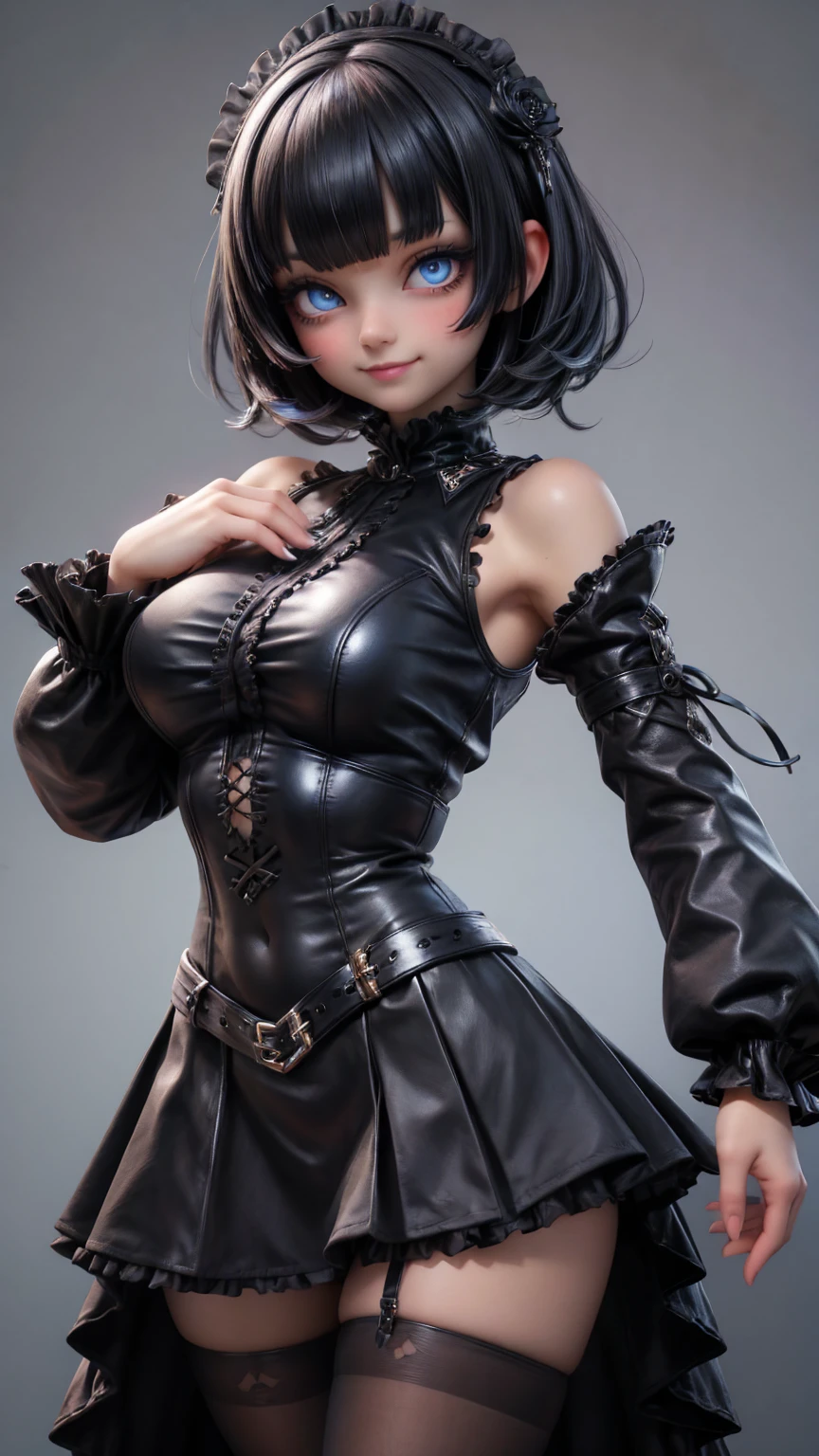 Wendy has straight jet black hair cut in a sleek short style, similar to Mavis Dracula's pixie cut hair, Thick bangs cascade over her forehead, Her wide-set eyes are a unique lavender color with hints of blue around the edges, framed with long dark lashes, Her dress is a modern fashionable black and white gothic style, The dress features a black sleeveless bodice with a straight-across neckline trimmed in delicate white scalloped lace, The skirt is black tulle and organza with layers of wispy ruffles giving the skirt volume while maintaining a lightweight appearance, Crisscrossing the waist is a thick patent leather belt dotted with shiny silver studs, Covering Wendy's slender arms are sheer elbow-length fingerless black lace gloves, Black platform heel ankle booties with chunky soles and stark white laces, lavender tints in the hair, hints of violet body glitter adorning the chest and cheekbones, balances dramatic goth elements with playful touches, Wednesday Addams, mavis dracula, dress, striped thighhighs, RavenTT, navy-blue cloak, black leotard, brooch, belt
