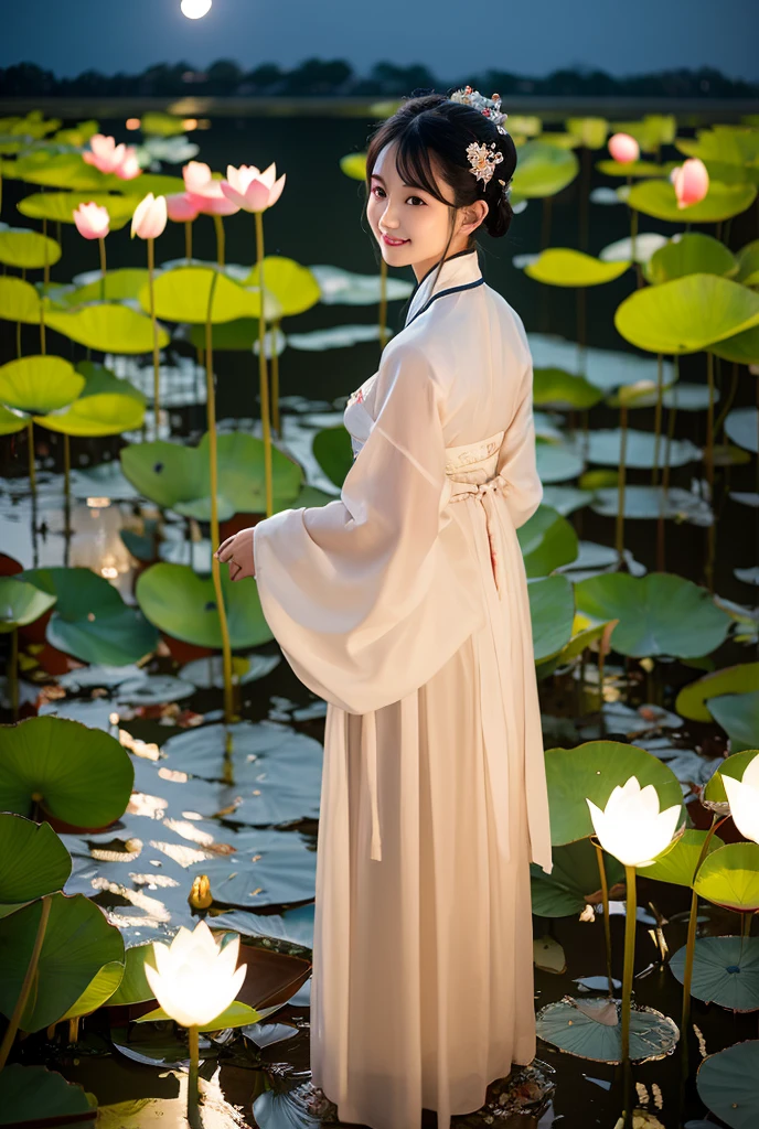  ancient Chinese girl，Traditional Hanfu，4/3 sides，Look Back， close-up above waist ， long black hair to the waist，White skin，Light makeup，Delicate facial features， big eyes，Ultra-fine，Smile， goose face，Ambient lighting ，Moonlight over Lotus Pond，night，Lotus，Top light source， Chinese style pencil ，Color on silk，antiquity。