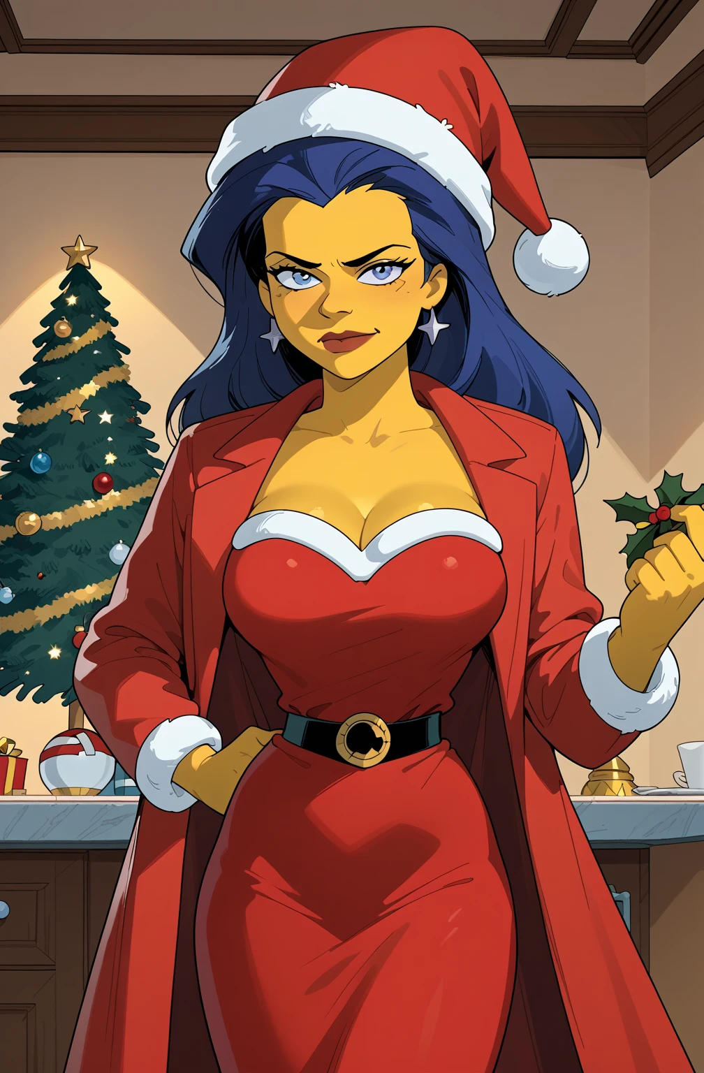 Lisa simpson as wonderwoman (yellow skin, blue hair,)large breasts  in wonderwoman costume, santa coat, santa hat, 
