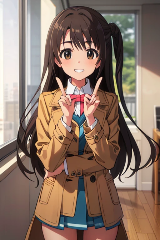 1人の女の子, ソロ, masterpiece, best quality, hyper detailed, beautiful, highres, woman, glad, cheerful grin, standing, making a peace sign, looking at viewer, long hair, side tail, straight hair, brown hair, brown eyes, big eyes, tall, slim, beautiful breasts, long sleeves, coat, mini skirt, hair ribbon, 30-year-old, inside, with a window, in the afternoon, cute, beautiful, upper body