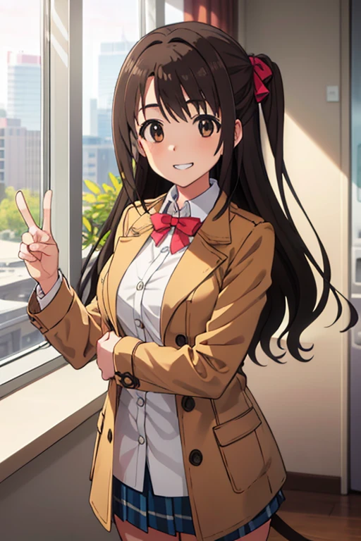 1人の女の子, ソロ, masterpiece, best quality, hyper detailed, beautiful, highres, woman, glad, cheerful grin, standing, making a peace sign, looking at viewer, long hair, side tail, straight hair, brown hair, brown eyes, big eyes, tall, slim, beautiful breasts, long sleeves, coat, mini skirt, hair ribbon, 30-year-old, inside, with a window, in the afternoon, cute, beautiful, upper body