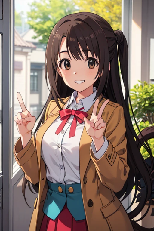 1人の女の子, ソロ, masterpiece, best quality, hyper detailed, beautiful, highres, woman, glad, cheerful grin, standing, making a peace sign, looking at viewer, long hair, side tail, straight hair, brown hair, brown eyes, big eyes, tall, slim, beautiful breasts, long sleeves, coat, mini skirt, hair ribbon, 30-year-old, inside, with a window, in the afternoon, cute, beautiful, upper body