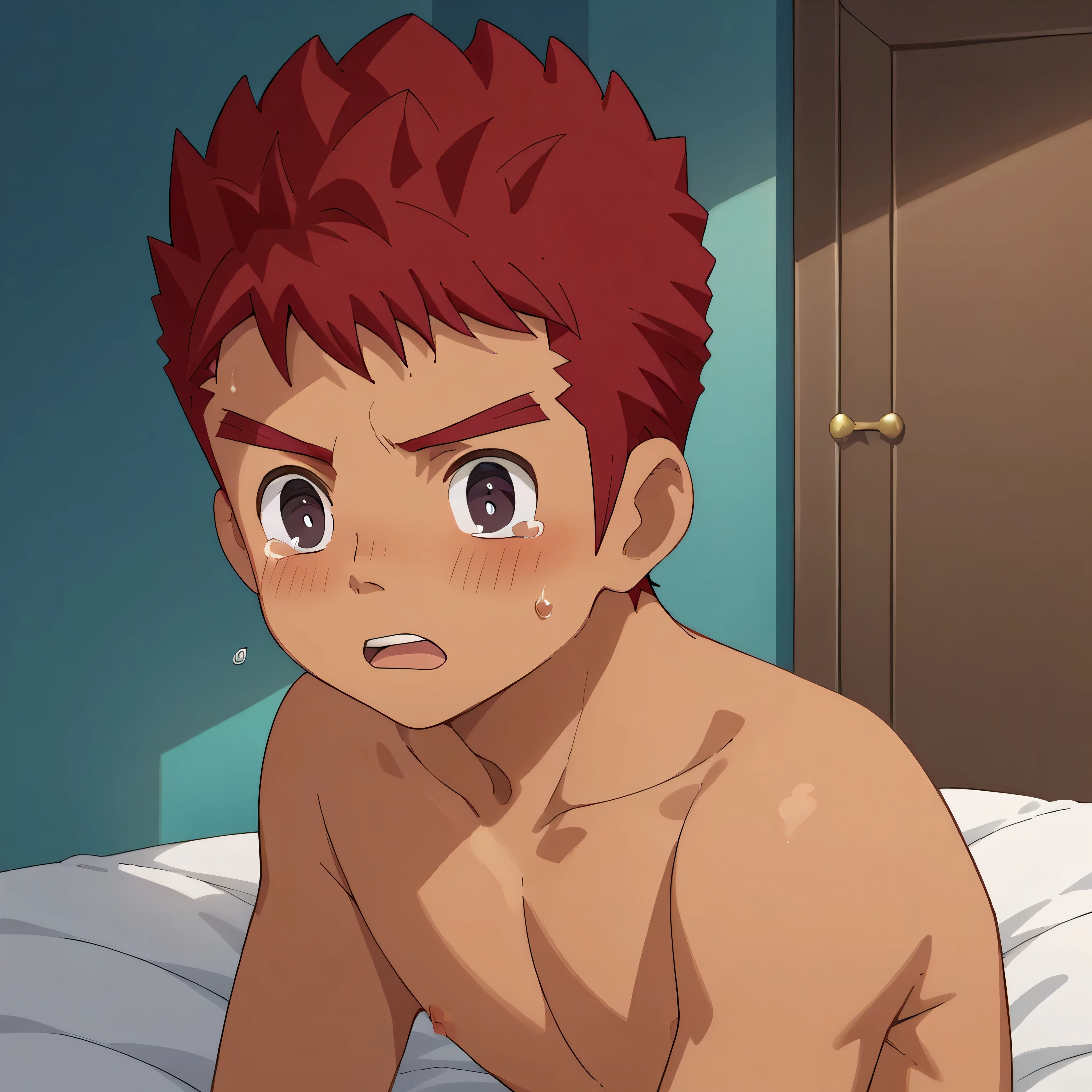 score_9, score_8_ up,  Source_Anime,  very detailed,  one boy , solos
Noburo ,  one boy ,   male focus , Alone, ,Red Hair,  dark eyes, Completely naked、 shy 、 bed、 open her mouth 、Surprised、 eyes、Small, light-colored nipples、 brown skin、night、 white breath 、Half crying