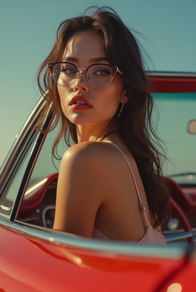 Skinny scrawny young little teenage slut with Down syndrome, prostituting herself in an alley, leaning into a car window talking to the driver, excessive makeup, bright red lipstick, pursed lips, puckered lips, blue eyeshadow, glasses, flirty attitude, short cutoff shorts, topless