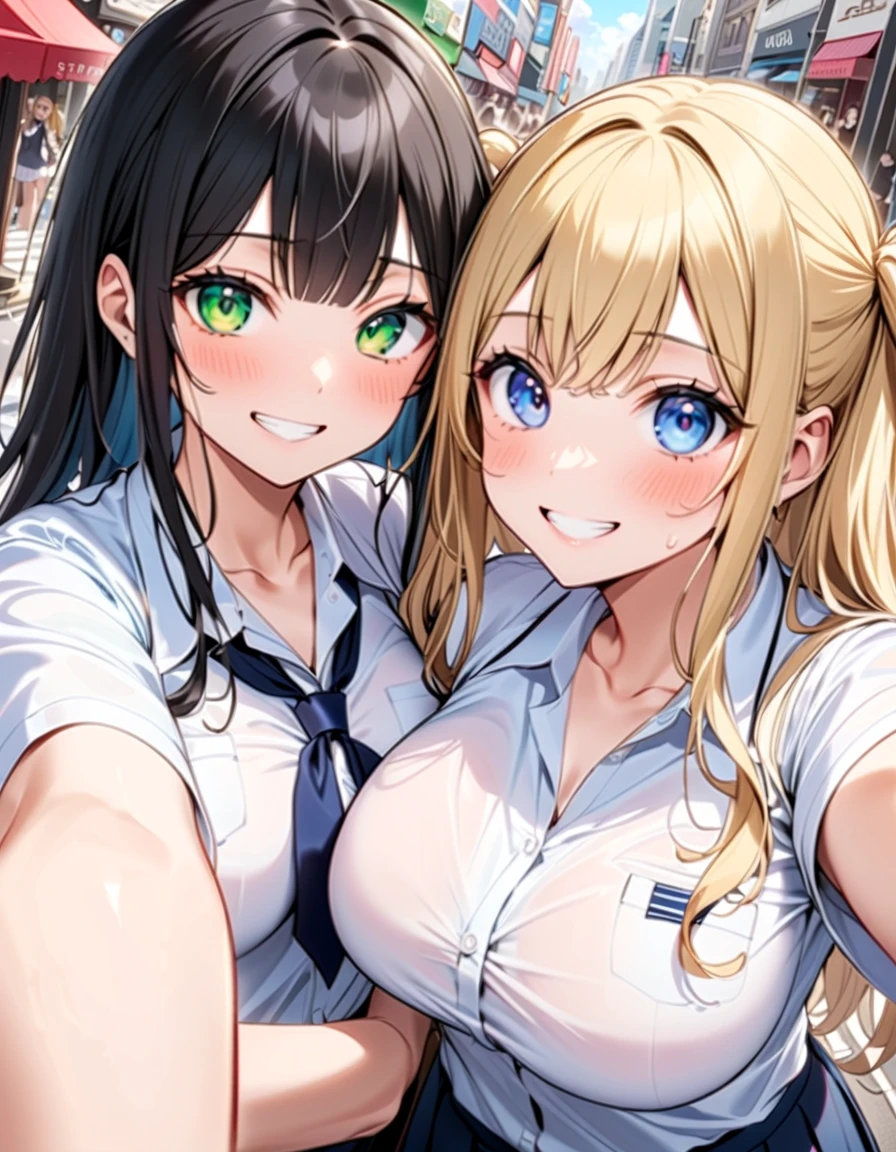 A thin female student with small breasts,nsfw,selfie,I'm with my friends,{I'm smiling a lot},peace sign,large crowd of people,{Touching each other's breasts}