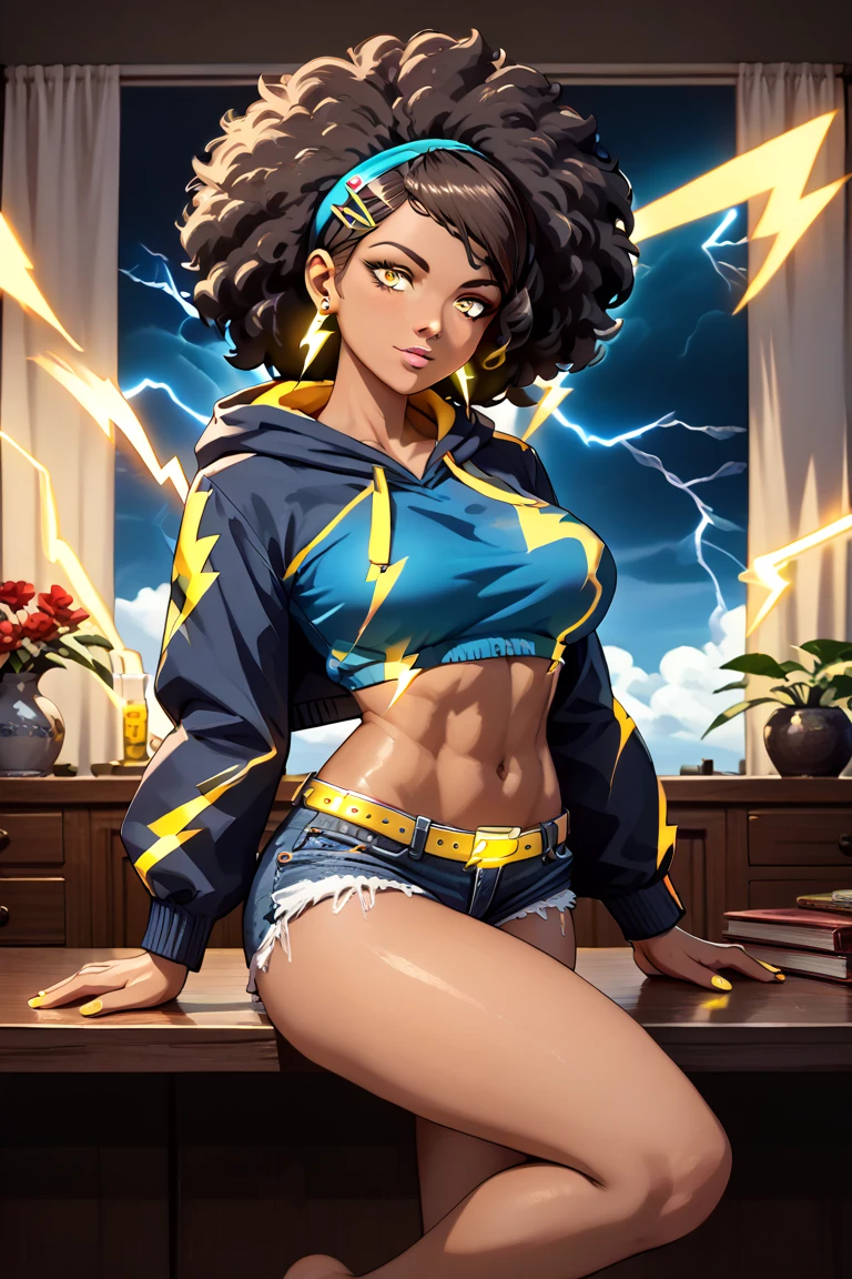 ((Electric Type)) ((Extremely Detailed curvy thick slim fit figure)) ((Extremely Detailed window with Yellow thunderstorm in the background)) ((Extremely Perfect Detailed round Thicc sexy Booty)) ((Extremely Detailed big beautiful beast)) ((Extremely Detailed Beautiful Dark Brown fit soft skin body)) ((Extremely Detailed black Panther ears with glowing yellow lightning marks)) ((Extremely Detailed big black panther tail with glowing yellow lightning marks)) ((Extremely detailed glowing yellow lightning nails)) ((beautiful thick slim fit Thigh)) ((((Extremely Perfect Detailed Long Crop Top Hoodie that is black with 1 glowing yellow lightning bolt on the Hoodie)))) (((Extremely Perfect Detailed black Jean shorts with Glowing yellow lightning belt))) ((Extremely Perfect Detailed Sexy Visible Fit Stomach)) (((Seductive And Sexy))) ((((Extremely detailed beautiful big black Afro with glowing yellow lightning bolt hair clip)))) ((high resolution)) ((Masterpiece, Extremely Perfectly detailed)) ((Extremely Detailed 8k quality)) ((((Extremely Perfect Detailed Sexy Seductive Inviting Yellow Eyes)))) ((Extremely Perfect Detailed Sexy Seductive pose)) ((looking at viewer)) ((Extremely Perfect Detailed beautiful sexy Female Face)) (((Extremely Detailed Perfect Anime Dark Skin Female))) (((score_9_up, score_8_up, score_7_up))) (((Source Anime))) ((indoors)) ((shiny)) ((Extremely Perfect Detailed Glowing Lightning bolt on clothes)) ((Extremely Detailed Beautiful Dark brown fit body)) ((beautiful curvy thick slim wide hips)) (((Extremely Detailed glowing yellow lightning bolt earrings))) (((((Everything Extremely Beautiful, Detailed, Perfect, And 8k))))) (((Extremely Perfect detailed Hand, feet, five finger)))