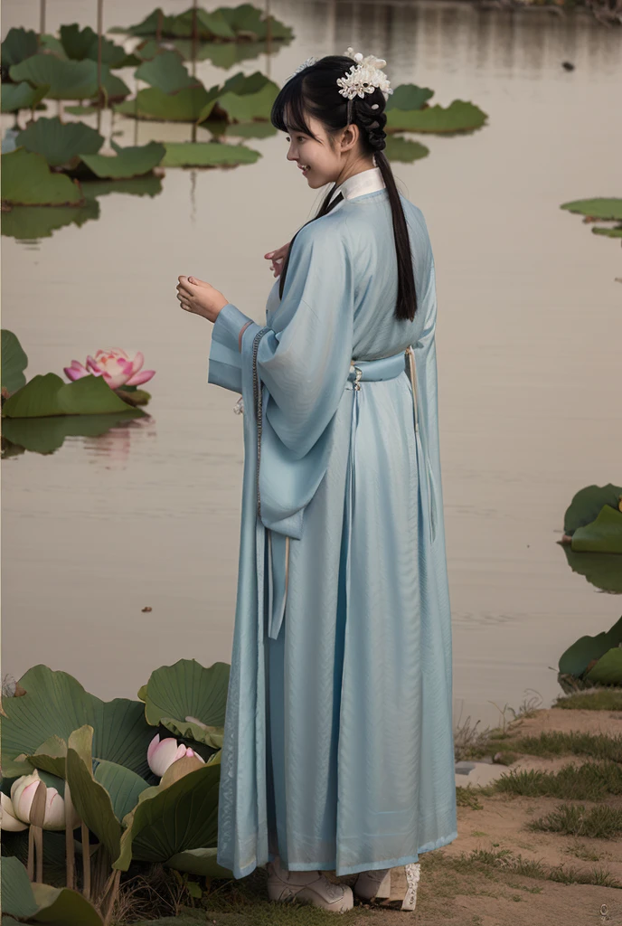  young Chinese girl ，4/3 sides，Look Back， close-up above waist ， long black hair to the waist，White skin，Light makeup，Delicate facial features， big eyes，Ultra-fine，Smile， goose face，Long skirt，Blue color underwear ，Temperament beauty， tall，Ambient lighting ，Moonlight over Lotus Pond，night，Lotus，antiquity。