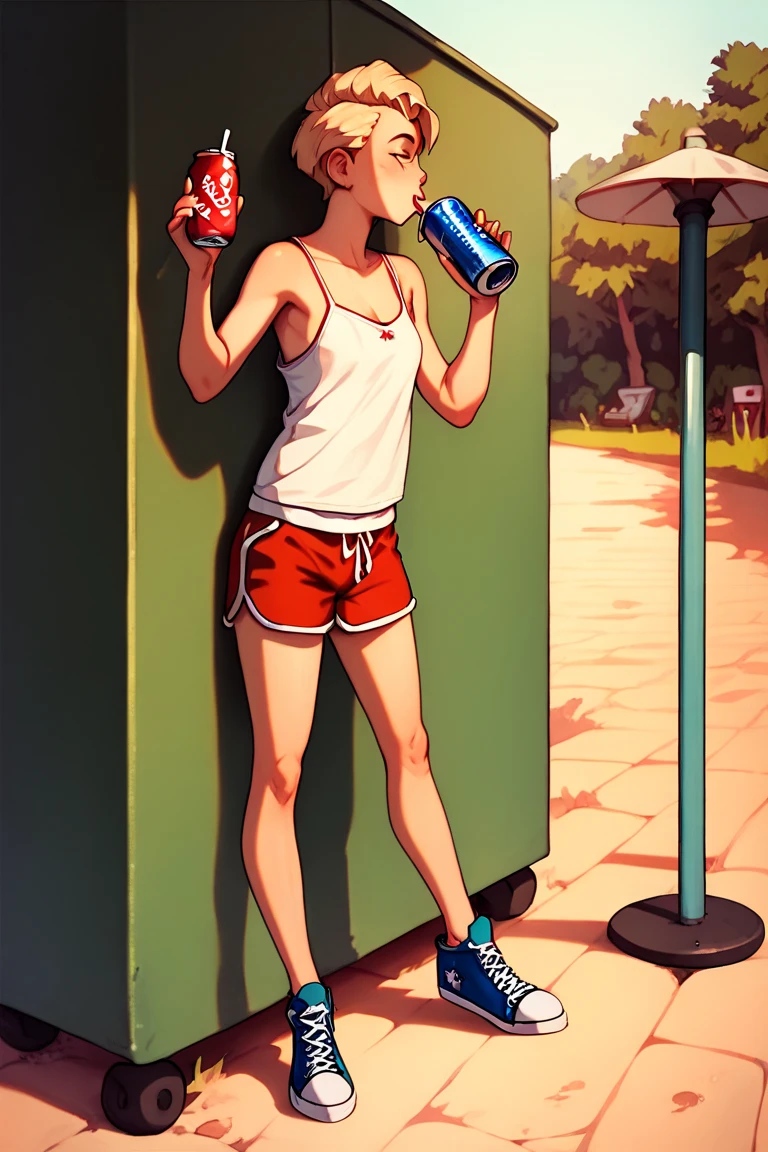 Solo,grabbing can of soda,drinking soda,camisole,dolphin shorts,blue converse shoes,7eleven,outdoor,